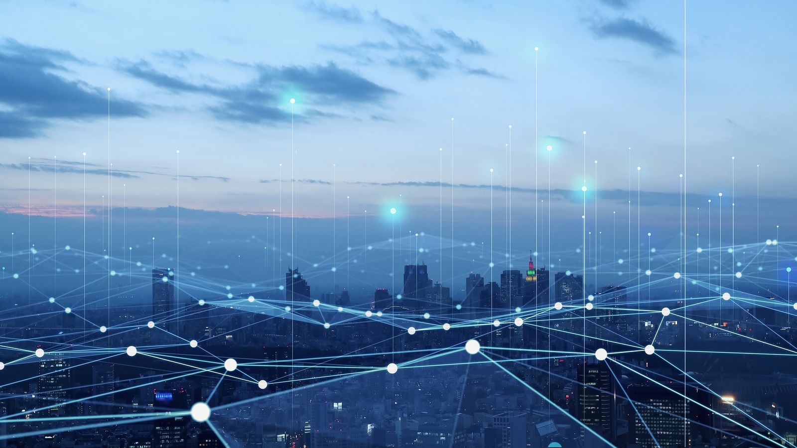 City skyline connected by a digital network
